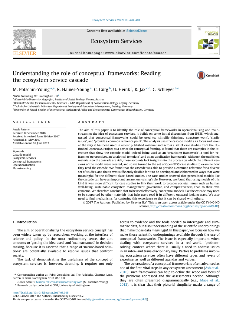 Understanding the Role of Conceptual Frameworks: Reading the ecosystem service cascade