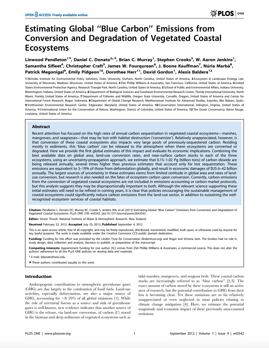 Estimating Global “Blue Carbon” Emissions from Conversion and Degradation of Vegetated Coastal Ecosystems