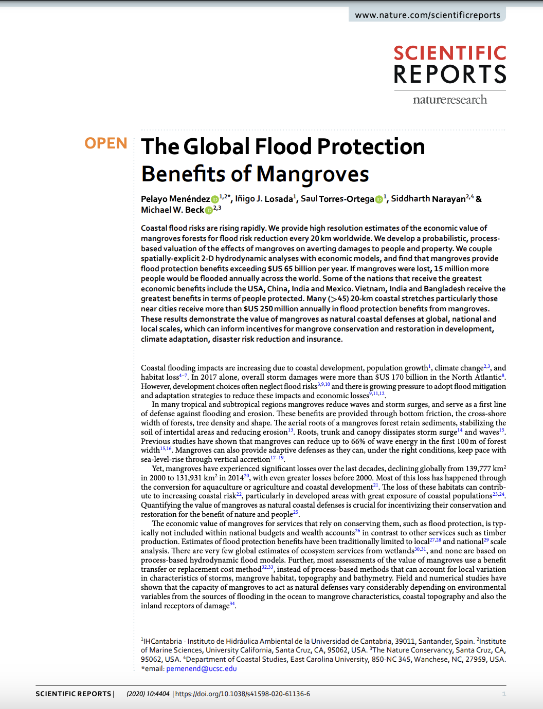 The Global Flood Protection Benefits of Mangroves