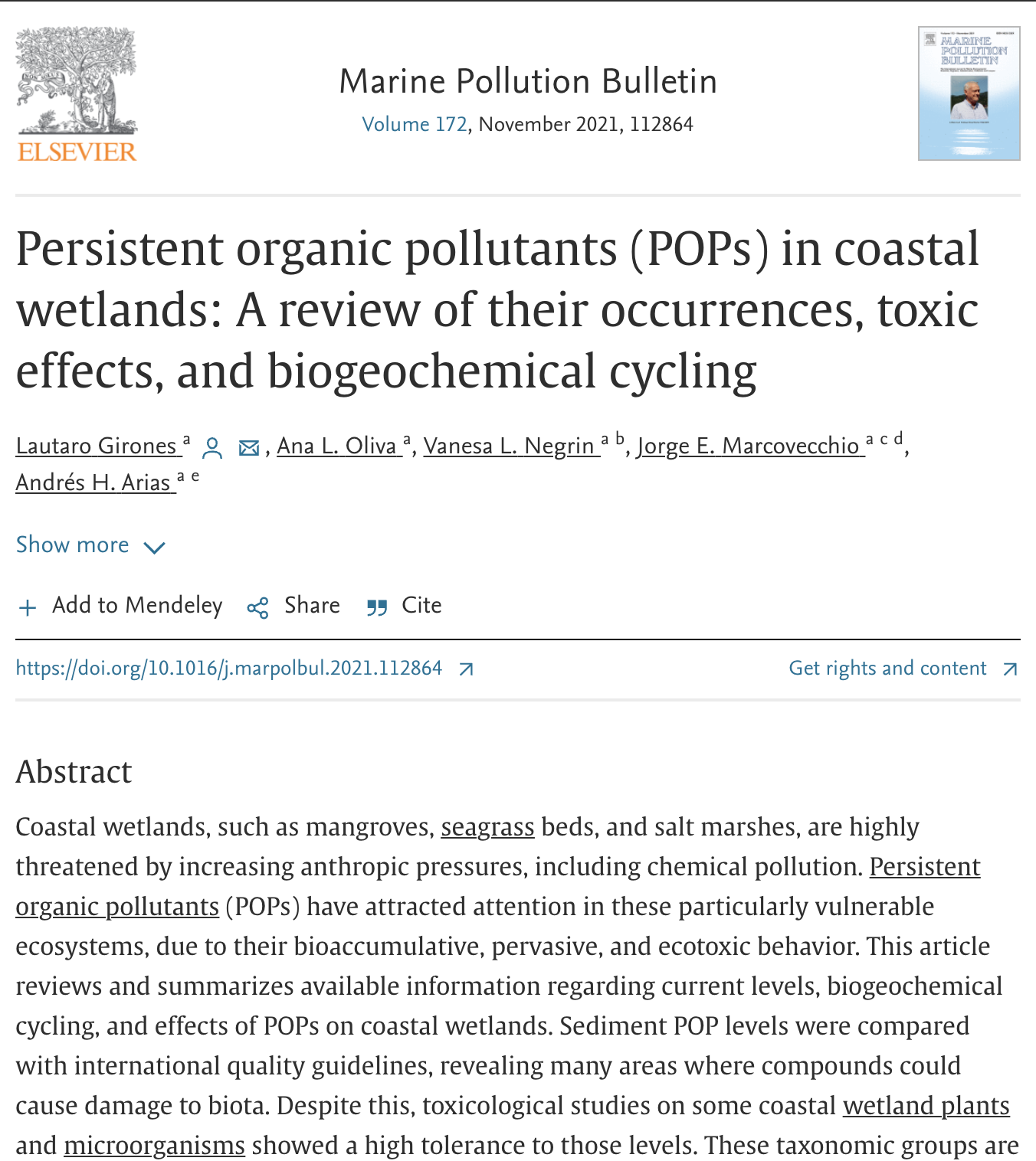 Persistent Organic Pollutants (POPs) in Coastal Wetlands: A review of their occurrences, toxic effects, and biogeochemical cycling